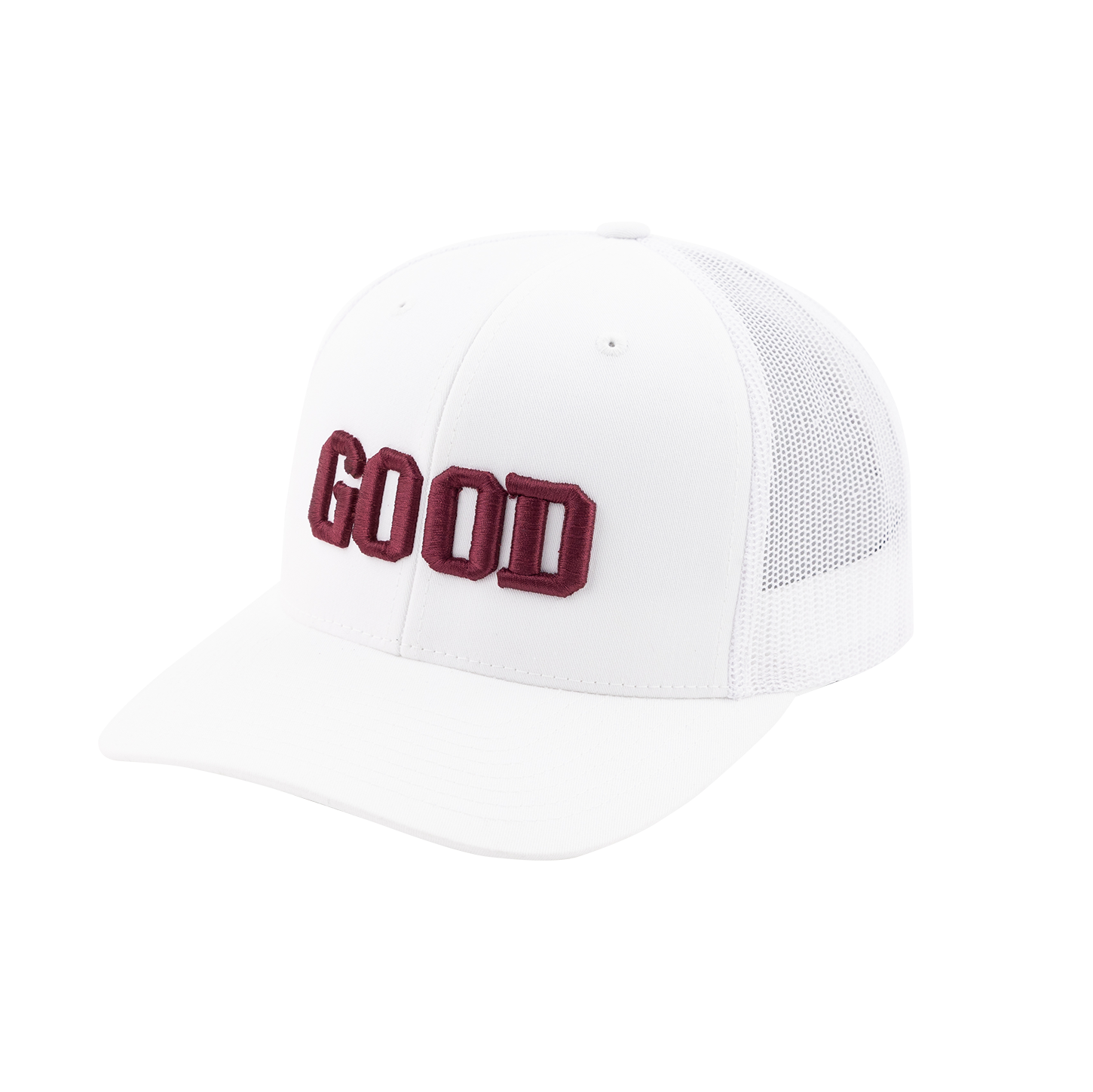 A white mesh trucker hat with a maroon embroidered "GOOD" patch across the front of the crown.