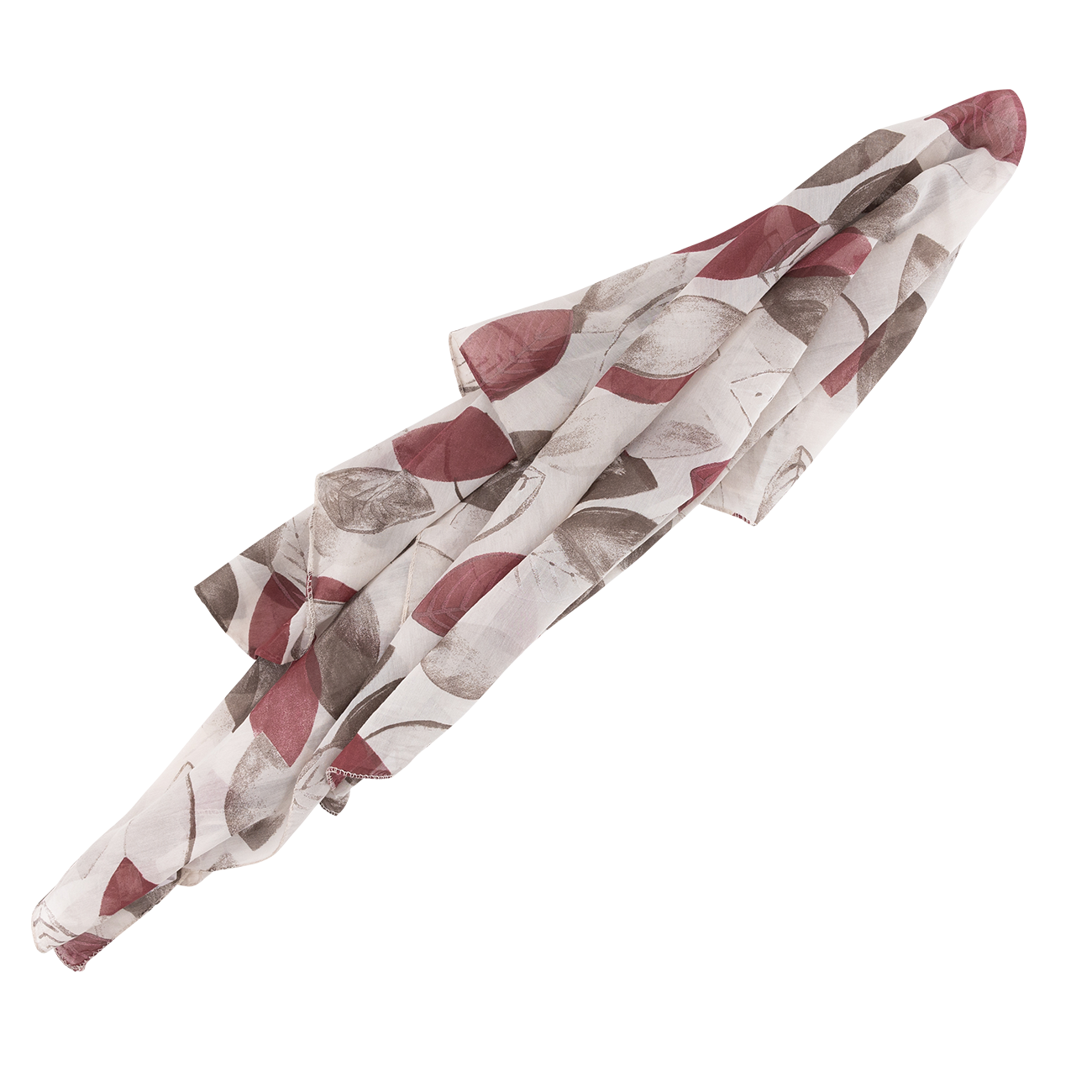 White scarf with maroon and gray leaves