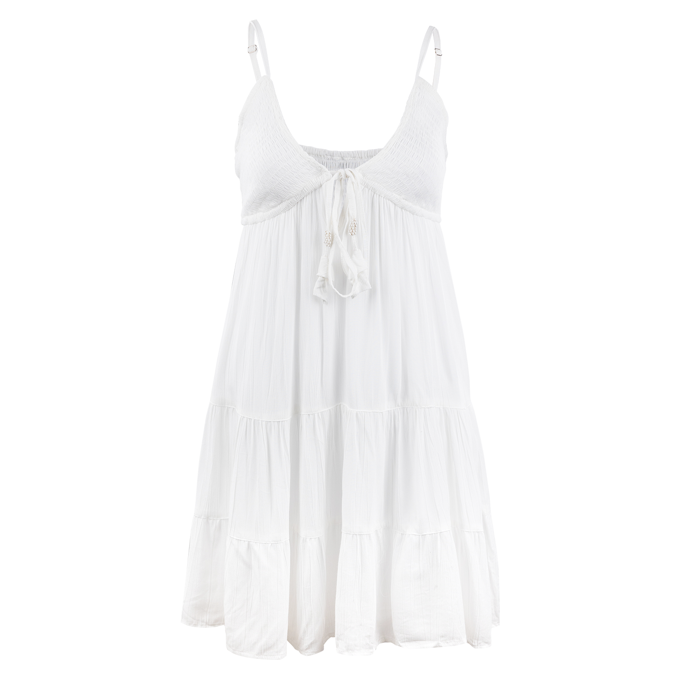 A white skinny tank top strap dress with a v-neck. The v-neck has strings that can be tied into a bow. The dress is flowy and not form fitting. 