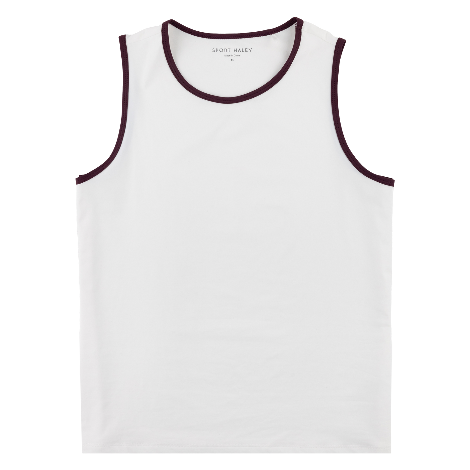 A white sports tank top with the sleeves and neck line outlined in maroon.