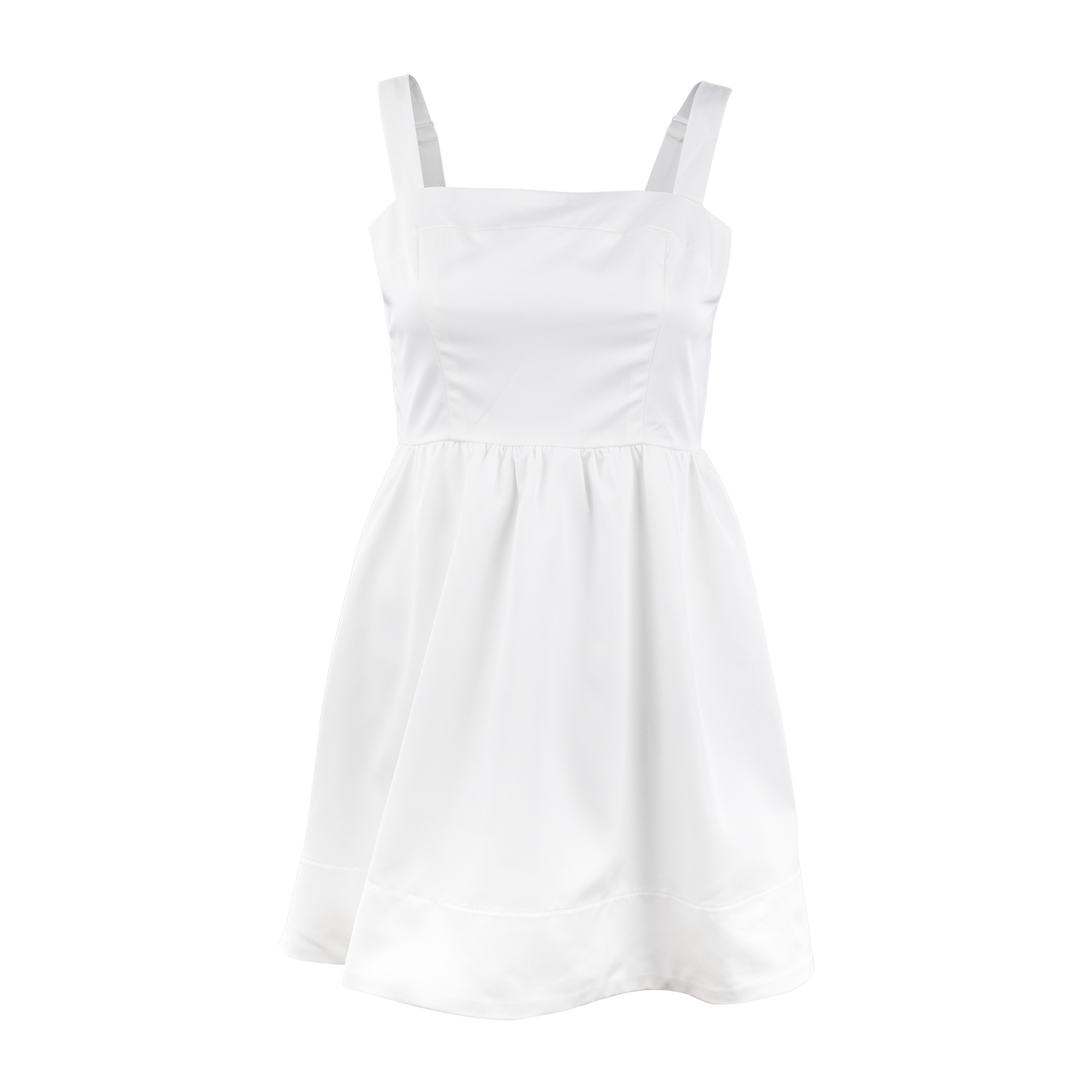 A white tank top dress with a square neckline. The top is fitted and the skirt is flowy. 