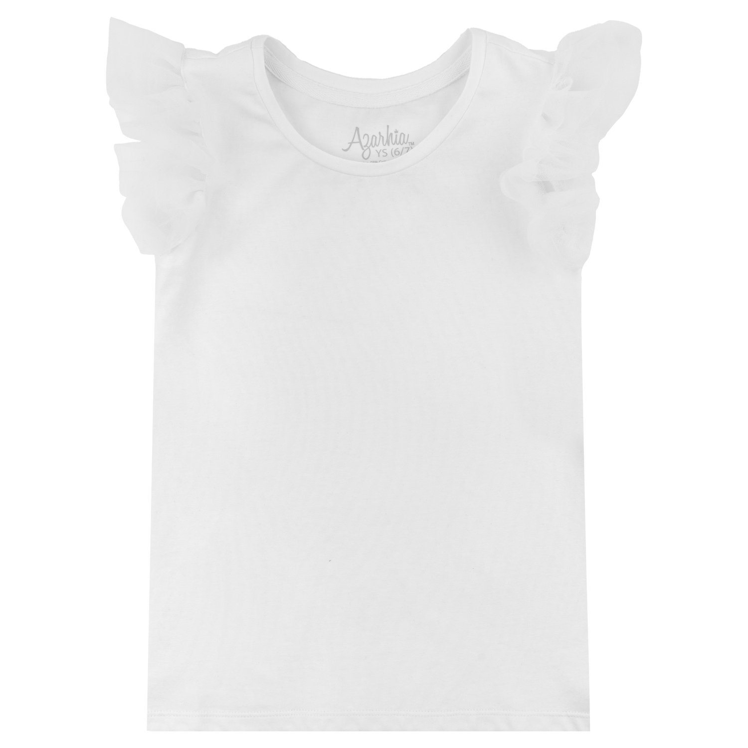 A white youth tank top. The sleeves are ruffles and the neckline resembles one of a tshirt. 