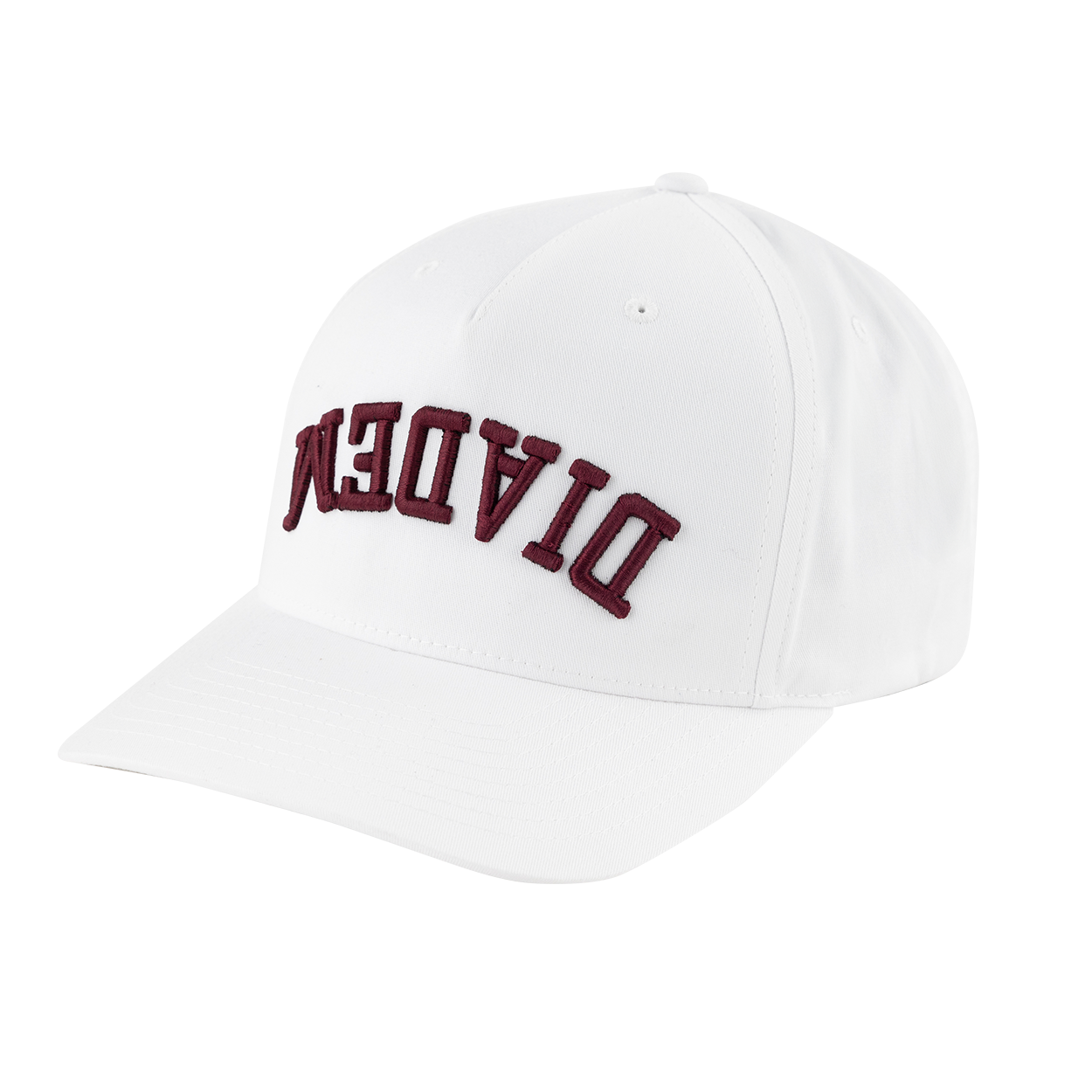 White cap with Maroon "Diadem" upside down and curved