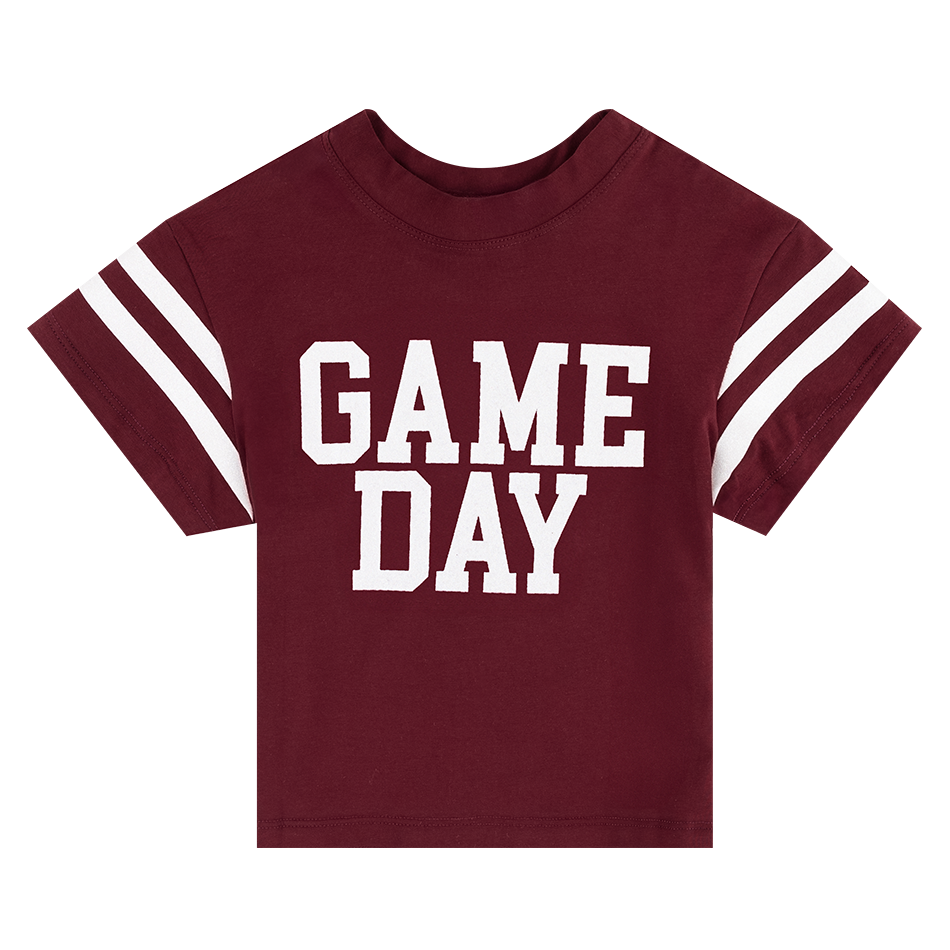 Maroon t-shirt with white "game day" text and white stripes on sleeves