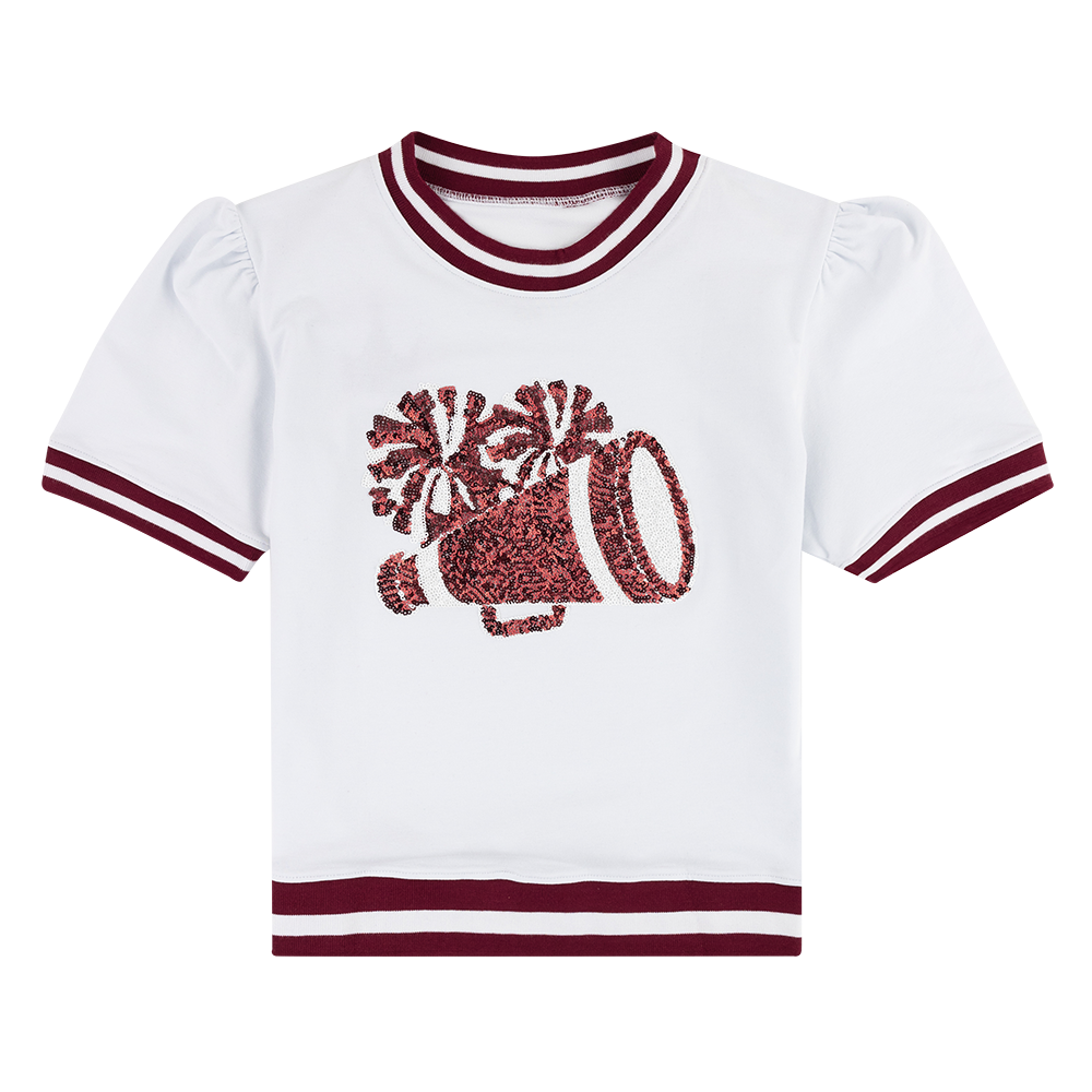 White t-shirt with maroon megaphone decal and maroon stripes on sleeves, collar, and bottom seam