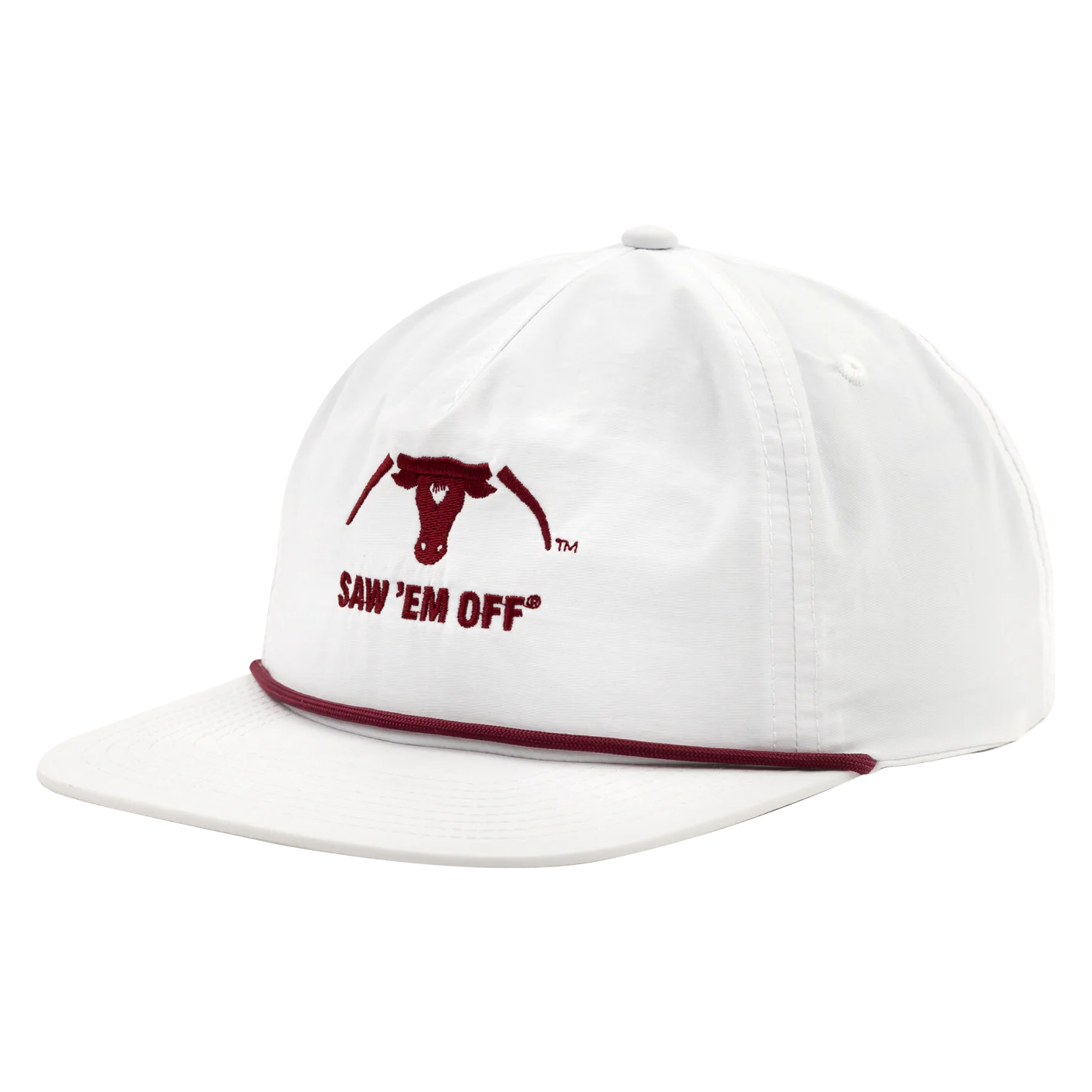 White flat brim hat with maroon rope and a maroon Saw 'Em Off logo.