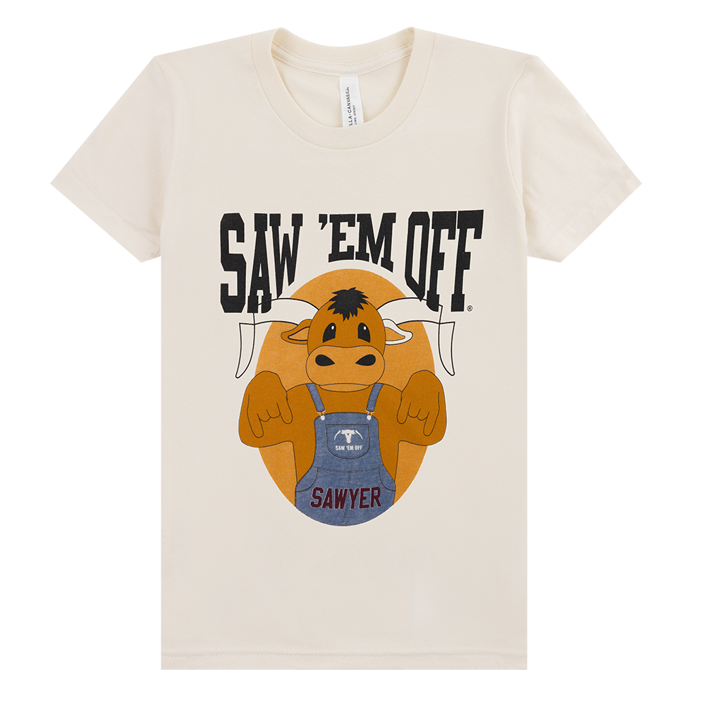 Cream t-shirt with a graphic of Sawyer with "Saw 'Em Off" in black above the graphic.