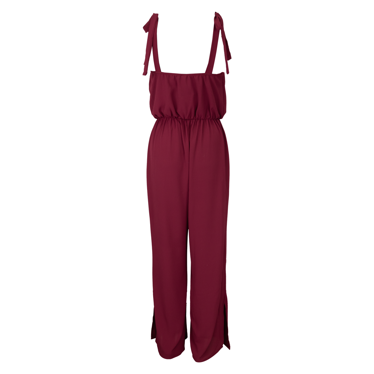 Maroon Shoulder Tie Textured Ruched Jumpsuit