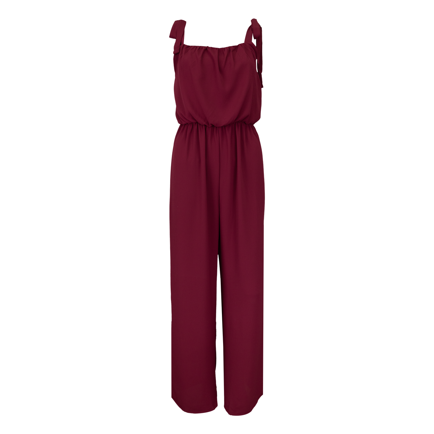 Maroon Shoulder Tie Textured Ruched Jumpsuit