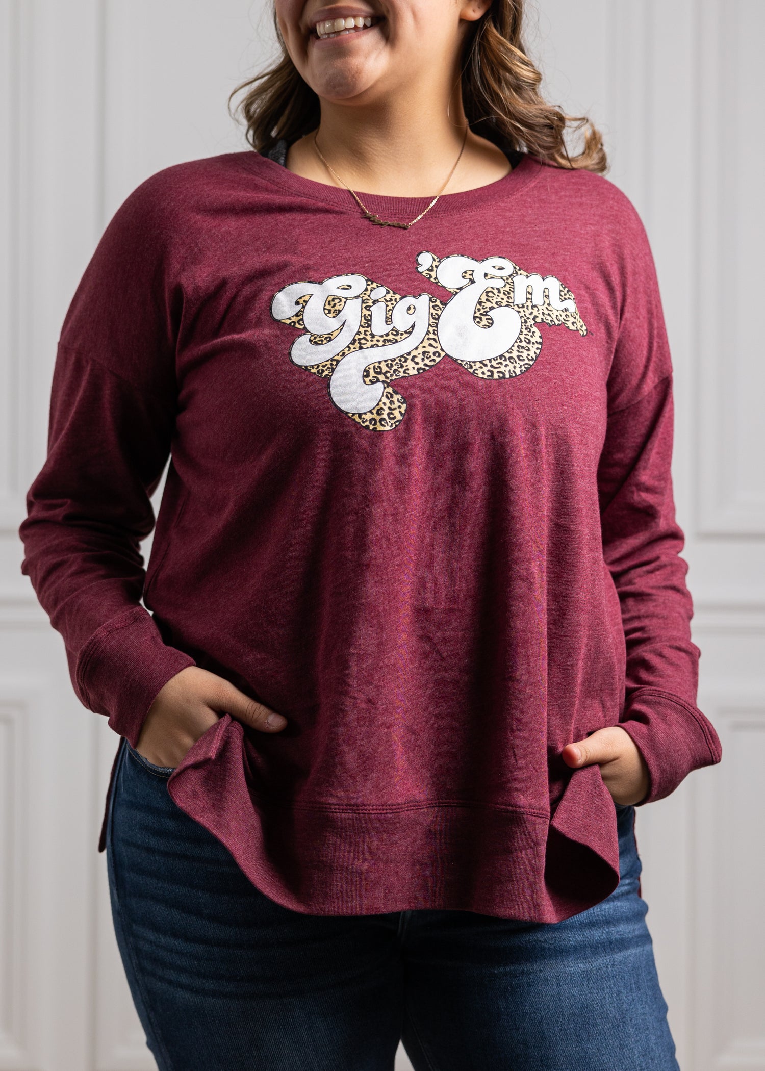 Gig 'Em Everyday Leopard Long Sleeve Maroon Tunic